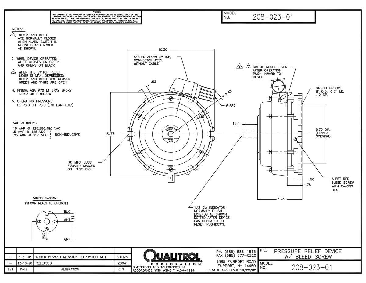 Large Pressure Relief Device Series 208 PN 20802301 Qualitrol